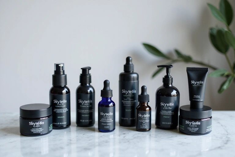 Assortment of Skyntellis men's health and skincare products neatly arranged